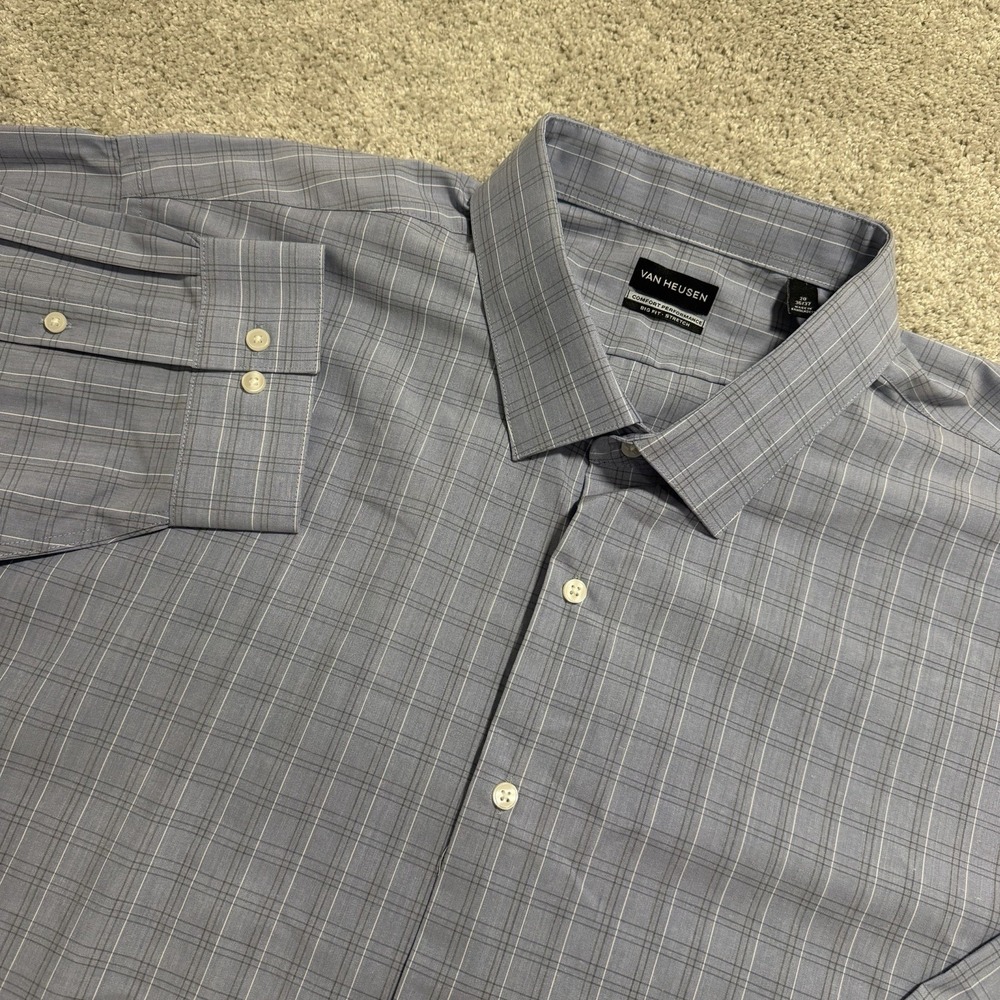 Van Heusen Big Fit Shirt Mens 20 36-37 Blue Plaid Comfort Performance Button Up